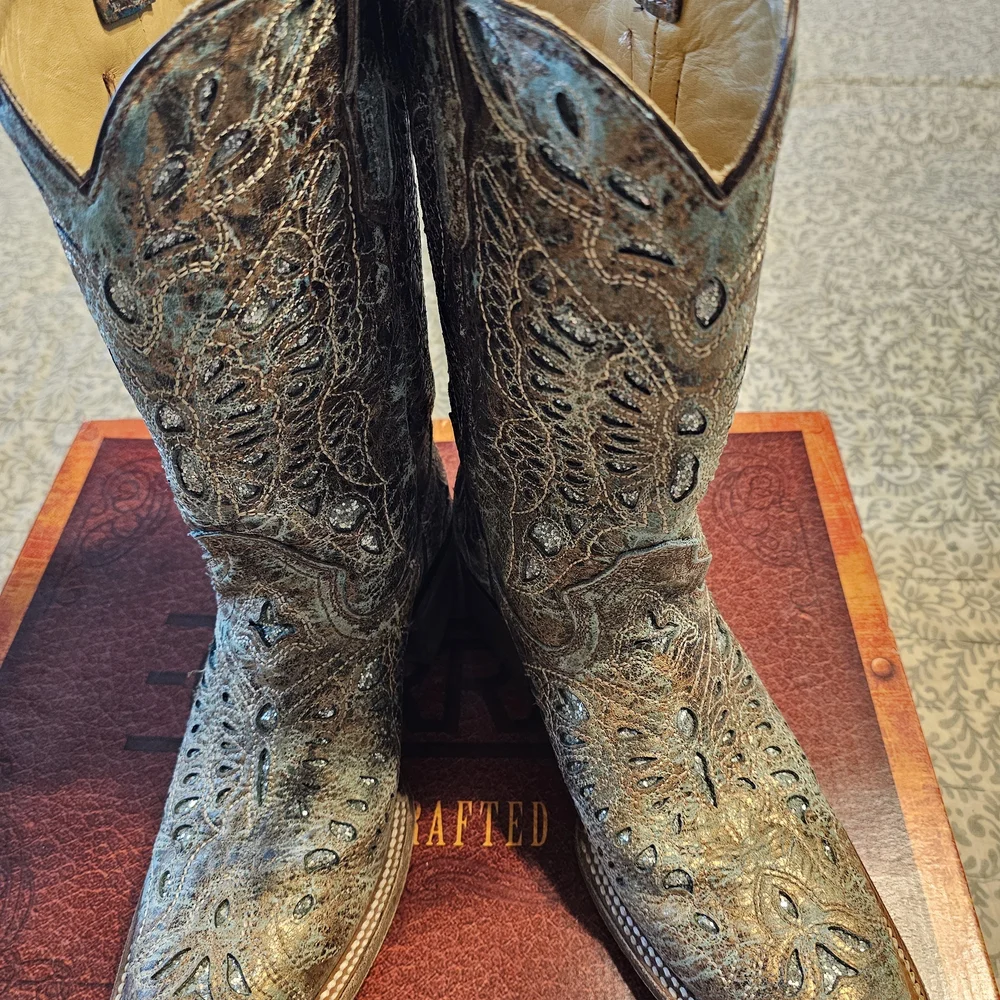Corral Distressed Turquoise and Brown Ankle Boots - Picture 8 of 11